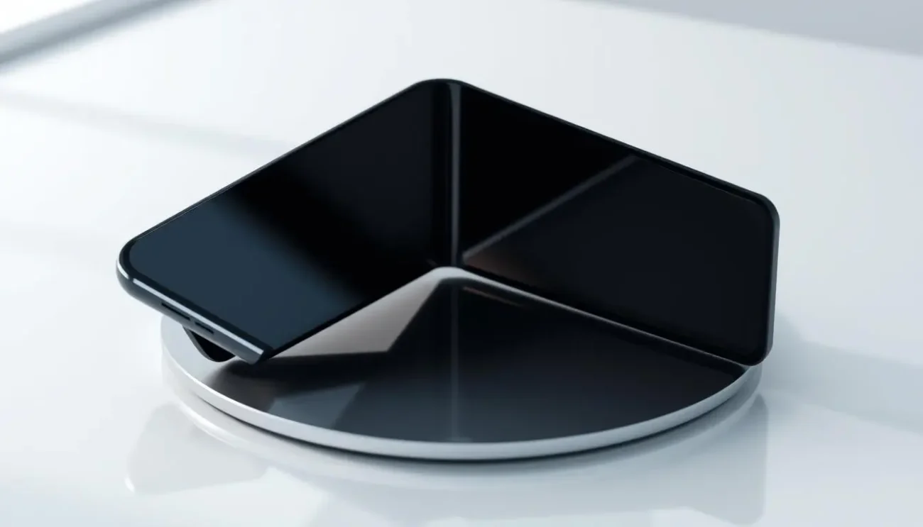 A sleek, modern foldable smartphone with a glossy finish, displayed in an elegant, minimalist setting. The phone is partially open, showcasing its large, vibrant dual-screen display. Soft ambient lighting highlights the device's contours and innovative design. Include subtle reflections on a stylish surface beneath the phone, emphasizing its premium quality.