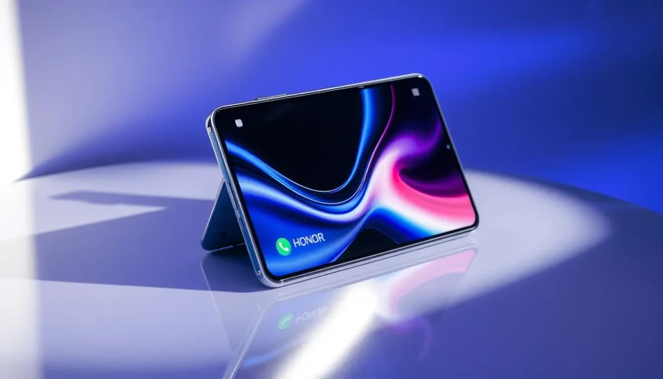 A sleek and modern foldable smartphone, the Honor Magic V Flip, displayed elegantly on a reflective surface, showcasing its vibrant screen and unique hinge design. The device is partially opened, revealing its sophisticated interface and stylish color options. Soft ambient lighting enhances its futuristic look, while subtle shadows add depth to the scene.