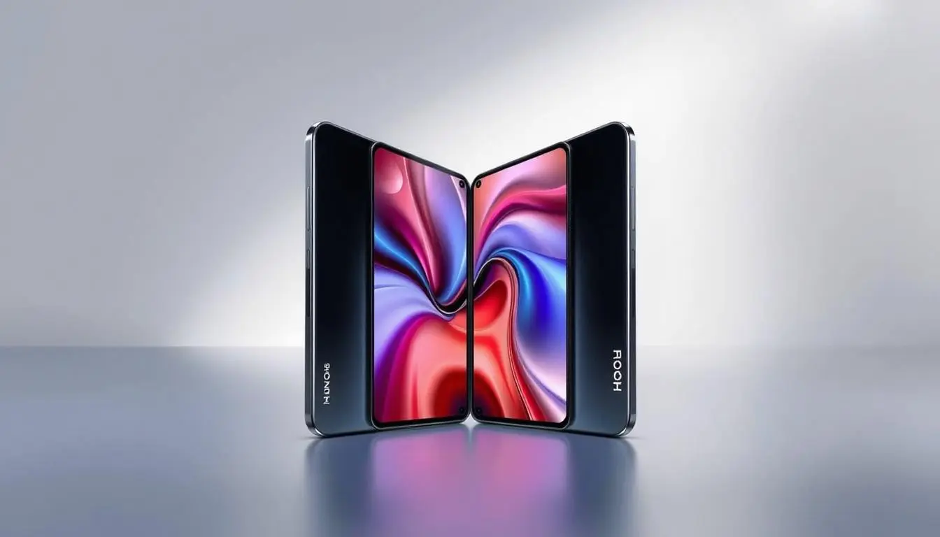 A sleek and modern foldable smartphone, the Honor Magic V Flip, displayed open and showcasing its vibrant screen, set against a minimalist background with soft lighting that highlights its curves and metallic finish, emphasizing the innovative hinge design and high-tech features.