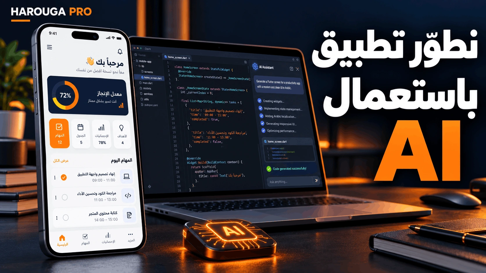 هاتف يعرض تطبيقاً لإدارة المهام وحاسوب يعرض محرر كود ومساعد ذكاء اصطناعي، مع عبارة «نطوّر تطبيق باستعمال AI».