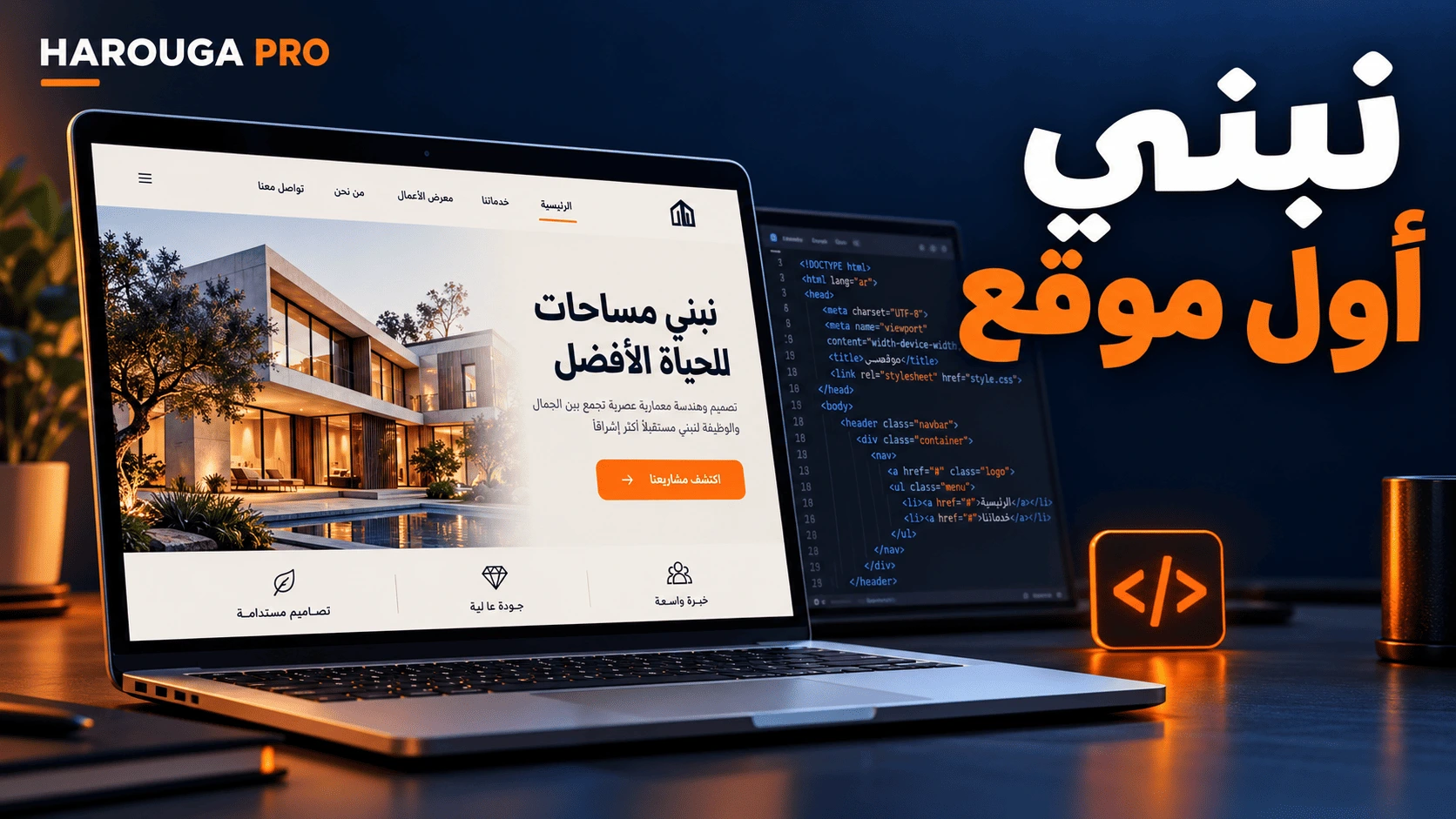 حاسوب يعرض موقعاً عربياً للهندسة المعمارية بجانب شاشة كود، مع عبارة «نبني أول موقع» وشعار HAROUGA PRO.