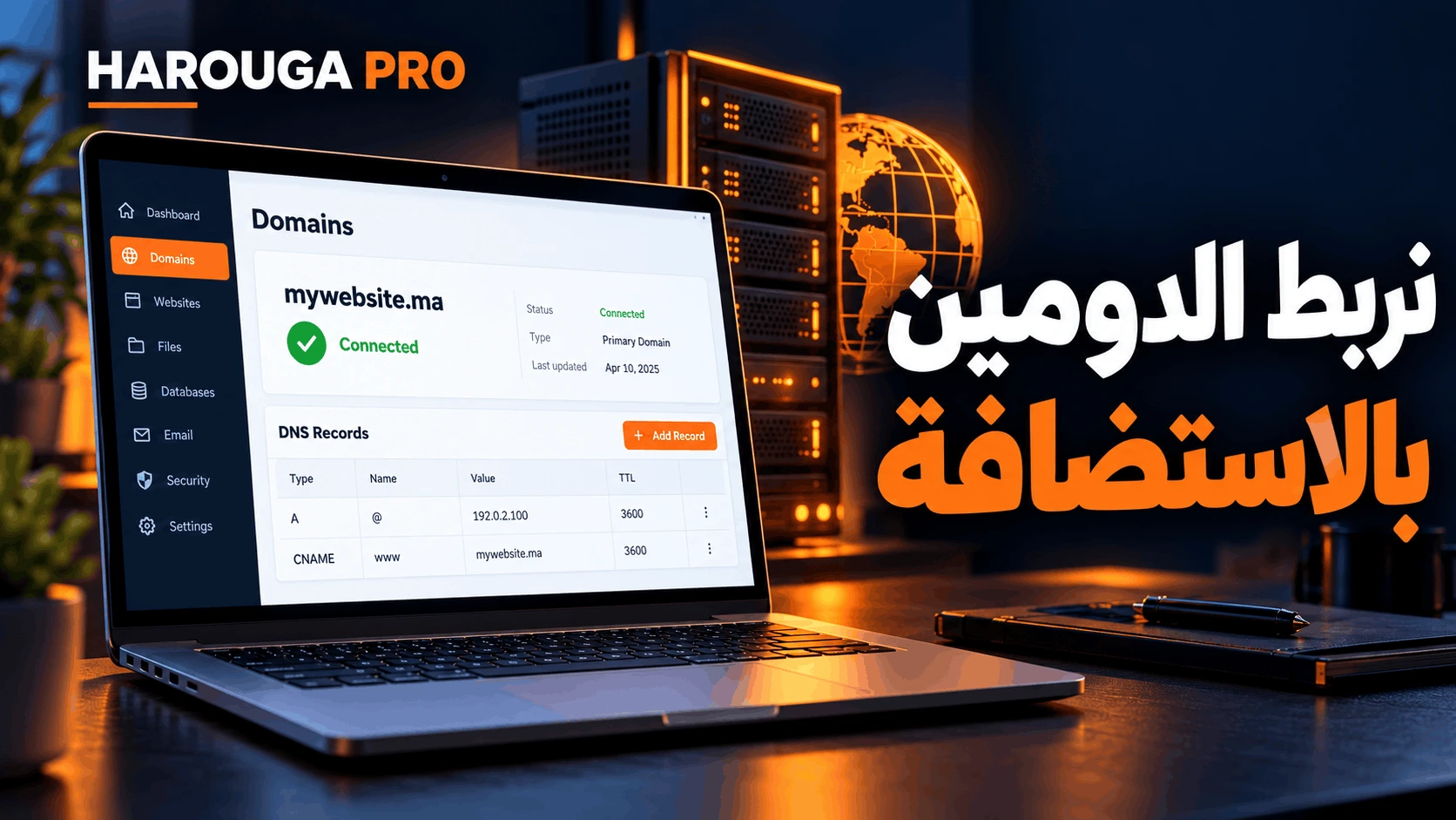 حاسوب يعرض لوحة إدارة الدومين وسجلات DNS مع عبارة «نربط الدومين بالاستضافة» وشعار HAROUGA PRO.